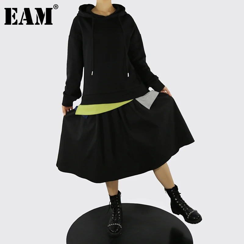 

[EAM] Women Black Color-block Long Casual Dress New Hooded Long Sleeve Loose Fit Fashion Tide Spring Autumn 2022 1DE5892