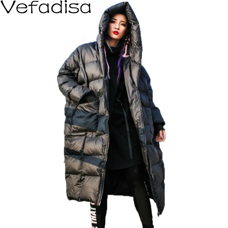 Vefadisa, Черная Женская парка с капюшоном, зима, одноцветная Женская парка, модная длинная теплая куртка с хлопковой подкладкой большого размера, QYF732