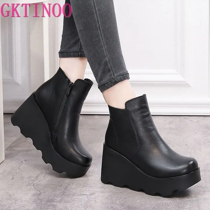 

2021 autumn winter soft leather platform high heels girl wedges ankle boots shoes for woman fashion boots women Size 34-40