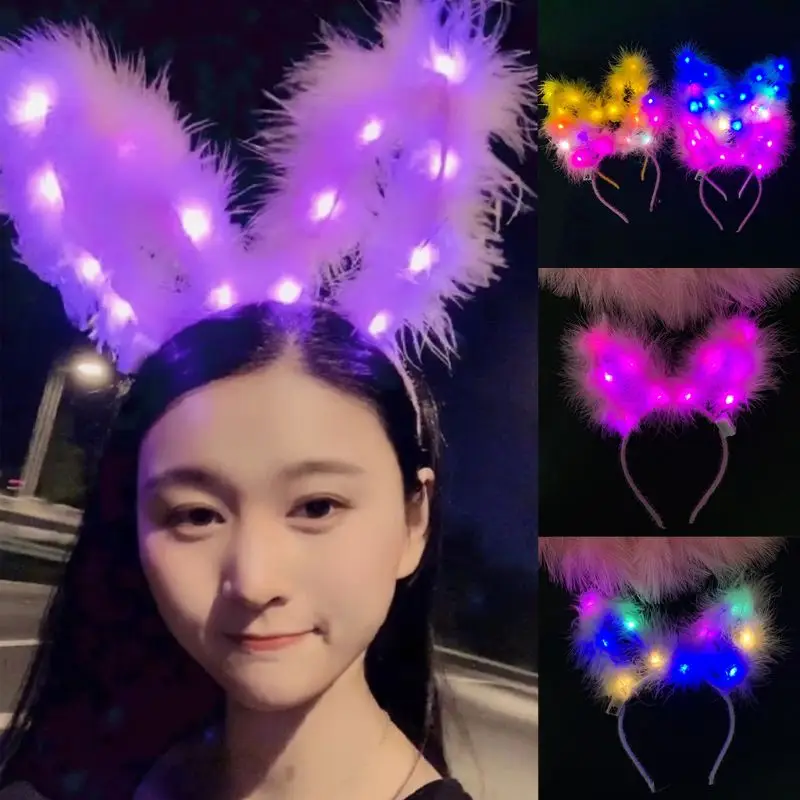 10 светодиодный обруч для волос с искусственным пером и длинными заячьими ушками