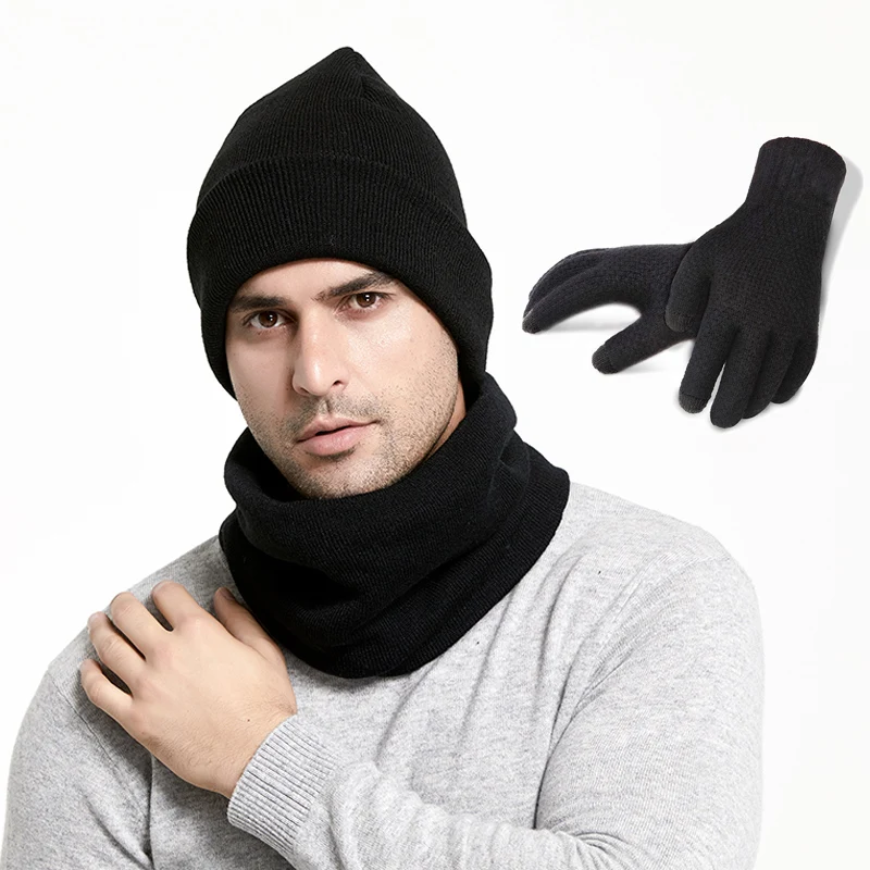 Winter Men Hats Scarves Gloves Set Fashion Knitted Plus Velvet Hat Scarf Kit Male 3 Pieces/Set Beanies Glove | Аксессуары для
