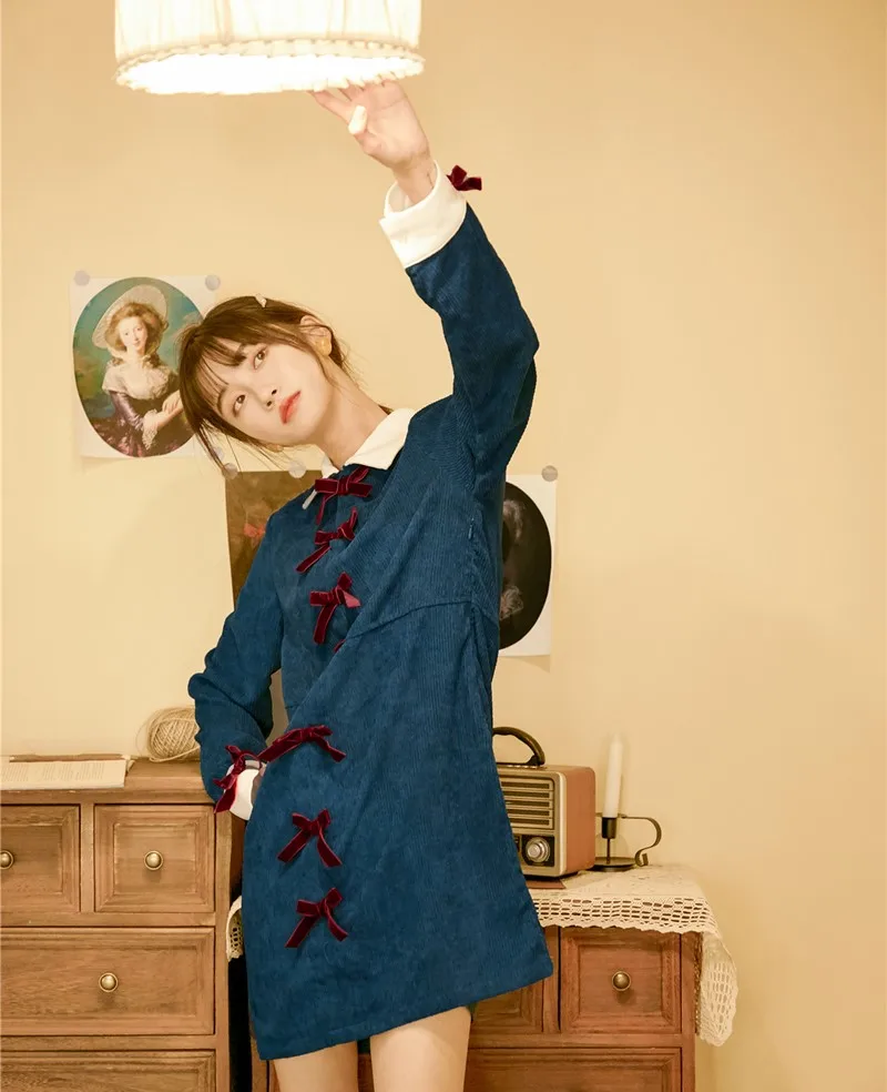 

Qeils Long Sleeve Women Bow Knot Autumn A-Line Loose Casual Harajuku School Simple Daily Sweet Girls Shirt 100% Cotton Dress