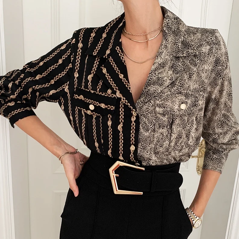 

Asymmetrical Long Sleeve Blouse For Women Contrast Color Print Button Down Shirt Chic Top Haut Femme