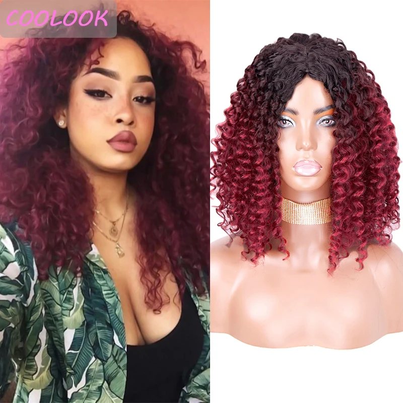 

Ombre Red Curly Wigs Afro Kinky Curly Wigs for Women Natural Synthetic Fibre False Hair Short Kinky Curly Brown Colored Wig Bug