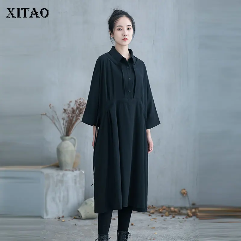 

XITAO Black Dress Fashion New Women Pleated Hem Goddess Fan Pullover 2021 Autumn Minority Elegant Loose Dress Top GWJ1469