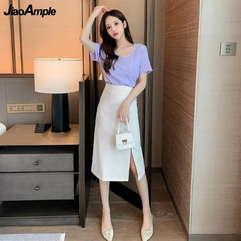 

Women Graceful Shirts Split Skirts Sets Korean Fashion Sweet Pink Short Sleeve Clothing Suit Office Lady Summer Solid Dress 2021