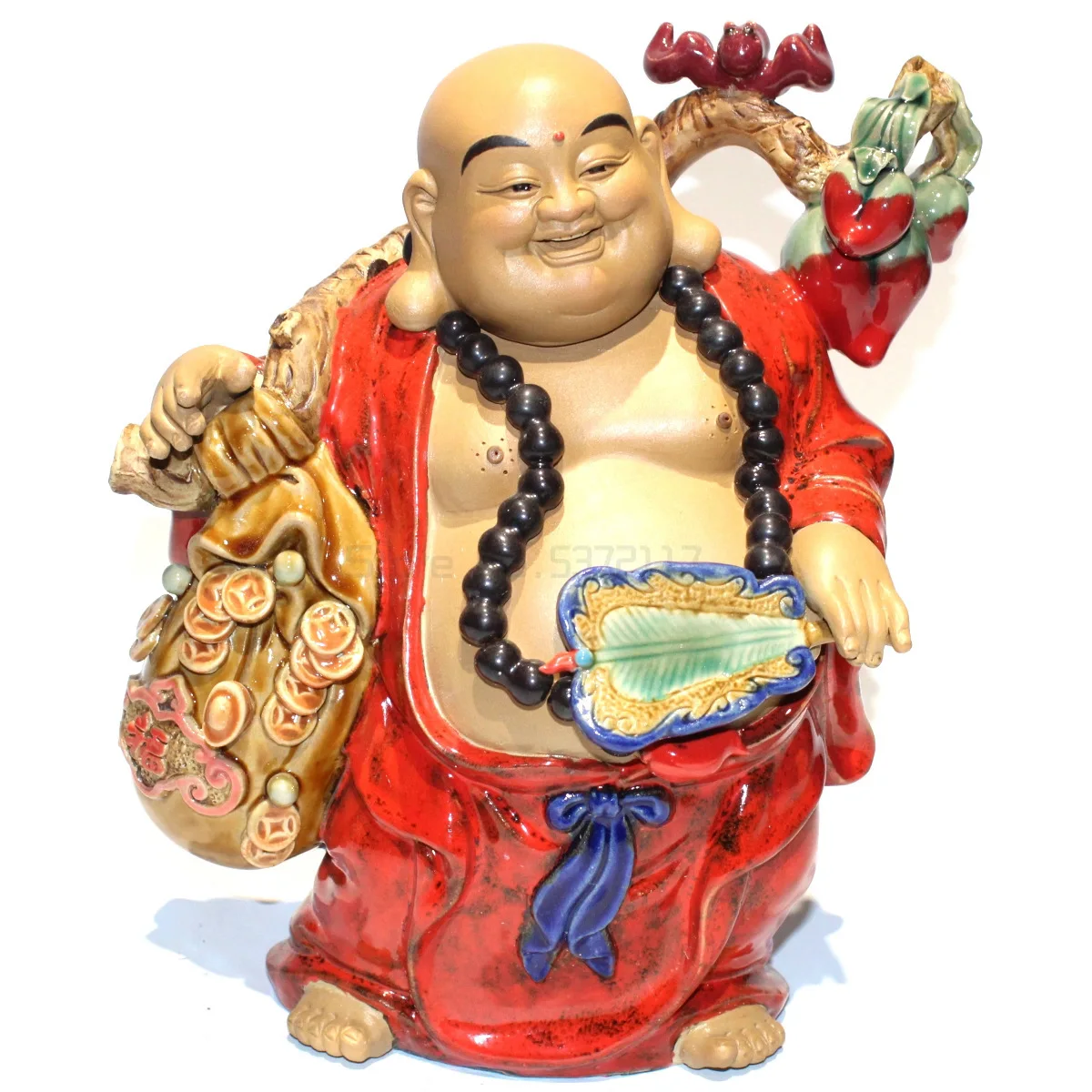 

Shiwan doll boutique master Tam Cai Maitreya Buddha 3 small ceramic crafts living room feng shui lucky ornaments