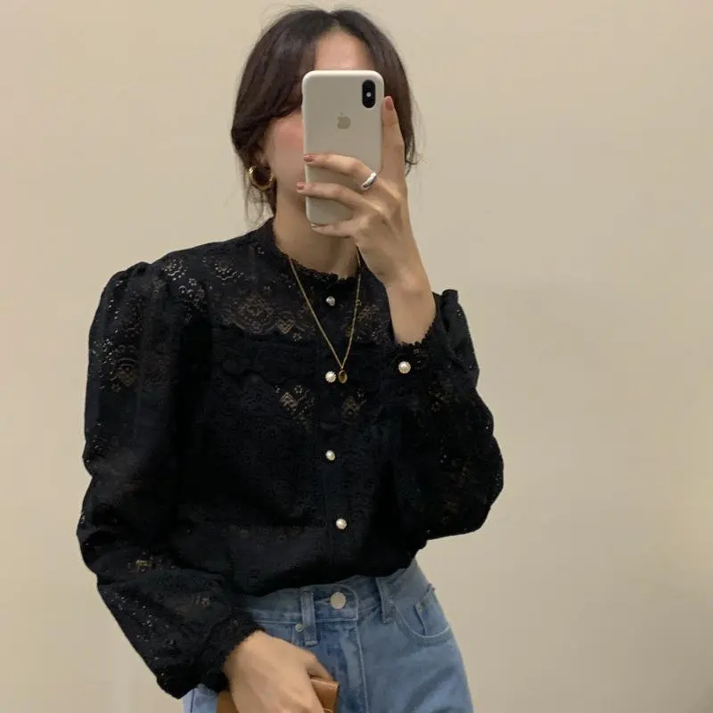 Alien Kitty Hollow Out Patchwork Lace Cotton Office Lady Vintage 2020 Gentle Free Embroidery Floral Sexy All-Match Elegant Shirt | Женская