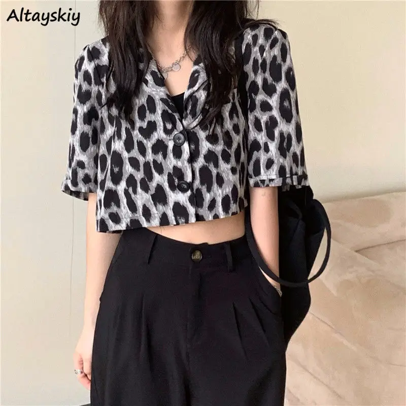 

Shirts Women Summer Soft All-match Korean Style Loose Student Mujer Leopard Fashionable High Street Casual Popular Vintage Ins