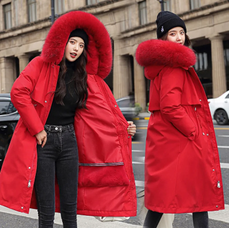 

Новинка, зимнее длинное пальто, женские теплые толстые парки с капюшоном, большие размеры, куртки с меховым воротником, мягкие пальто, женск...