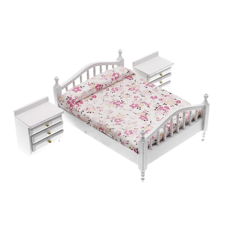 

Мебель для кукольного домика, миниатюрная мебель для спальни 1/12, набор для кровати, деревянный прикроватный шкаф, имитация мебели, детские и...