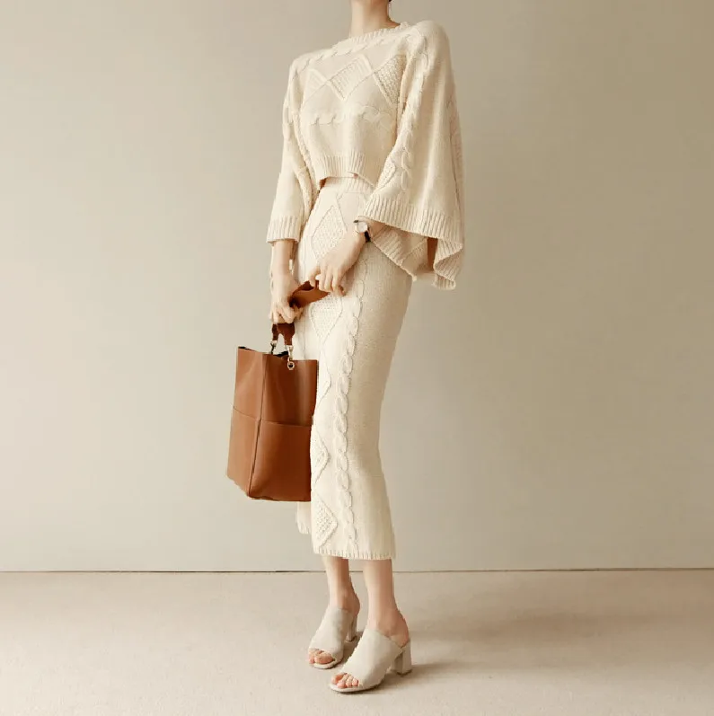 Высокое качество 2019 Осень Зима Женский вязаный комплект из 2 предметов рукав