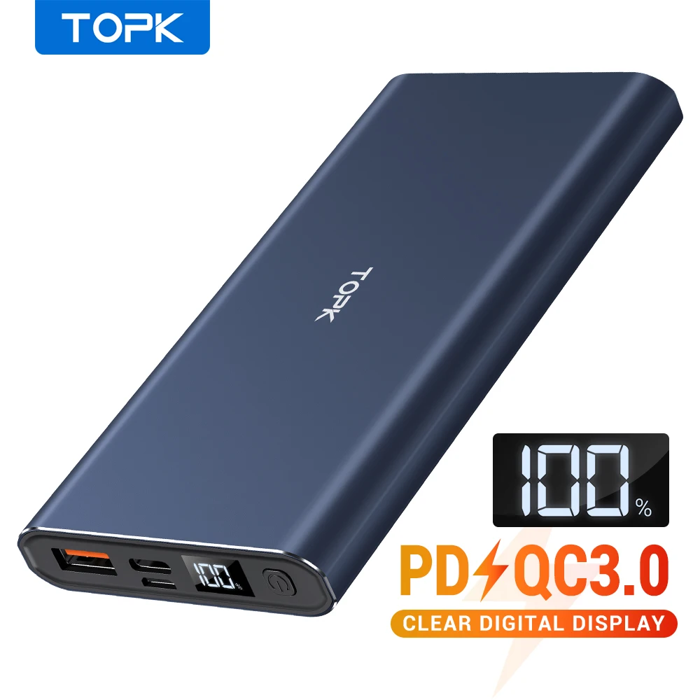 Портативное Внешнее зарядное устройство TOPK 10000 мАч PD QC3.0 с USB светодиодным