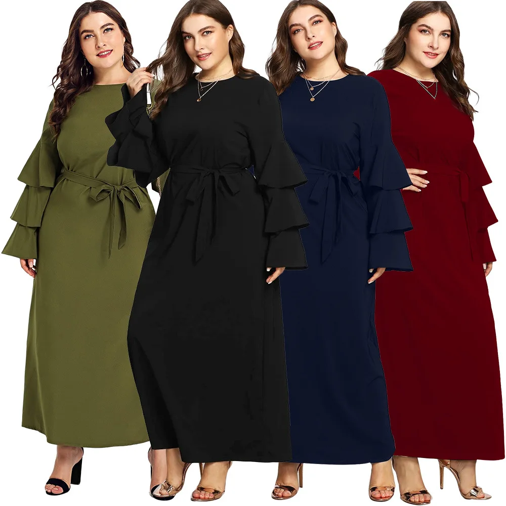 Осеннее Европейское американское стандартное платье Abaya, Женский кафтан с круглым вырезом, свободный многослойный рукав