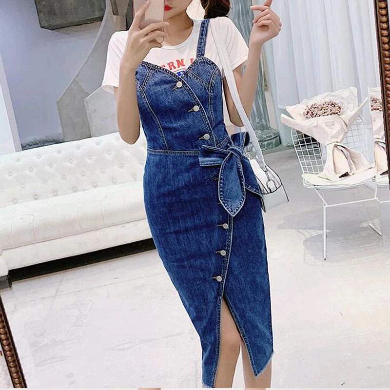 2019 летнее женское джинсовое платье Элегантное праздничное с бантом на поясе