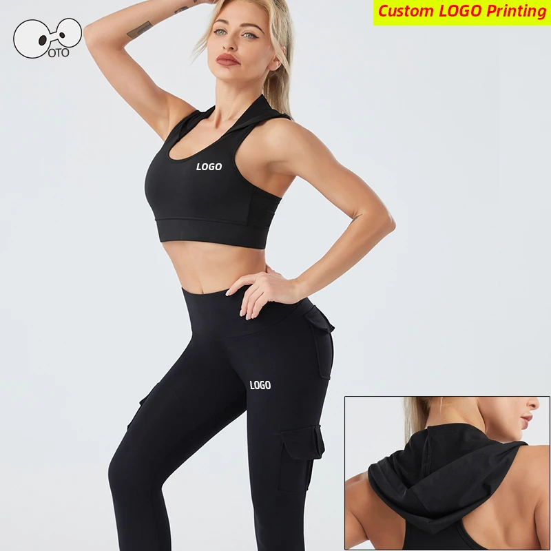 

Quick Dry Elastic Hooded Sports Bra+Tights 2 Pcs Yoga Running Set Women Gym Fitness Crop Top Pants Sports Suit Clothing Custom