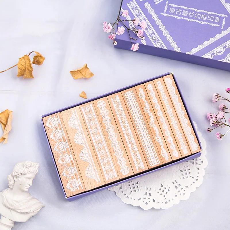 

10 Pcs/set Vintage Strip Lace Border Stamp DIY Wooden Rubber Stamps for Scrapbooking Stationery Scrapbooking Standard Stamp