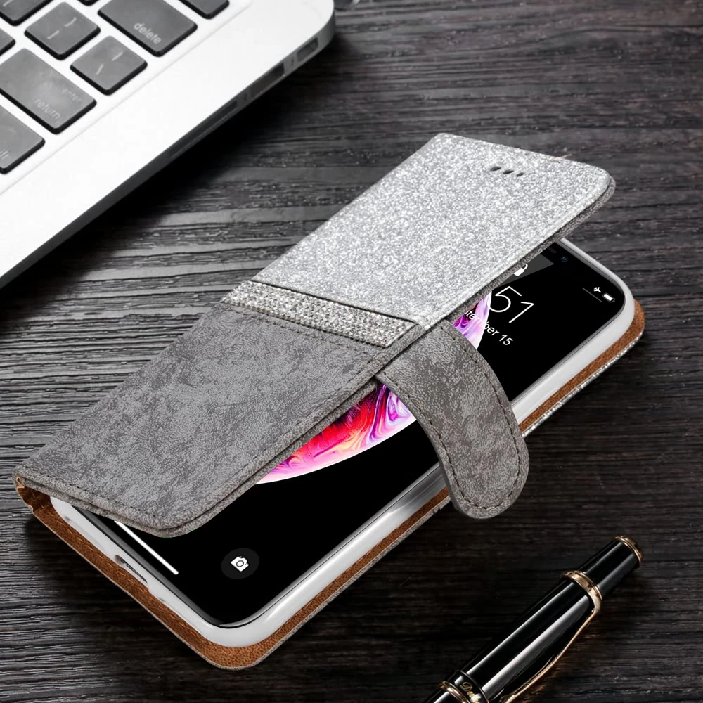 Алмазный блестящий кожаный чехол книжка для IPhone SE 2020 12 Mini 11 Pro Xs Max Xr X 7 Plus 8