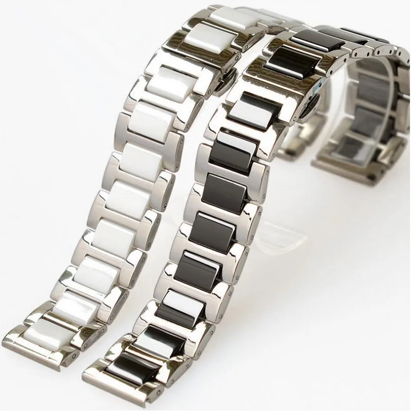 16mm 18mm 20mm Ceramic watch band Butterfly Clasp Watch Strap 316L Stainless Steel Wrist watches Belt Bracelet Black White Man