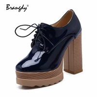 brangdy retro women pumps patent leather platform round toe women thick heel shoes women ankle boots lace up women brogue shoes