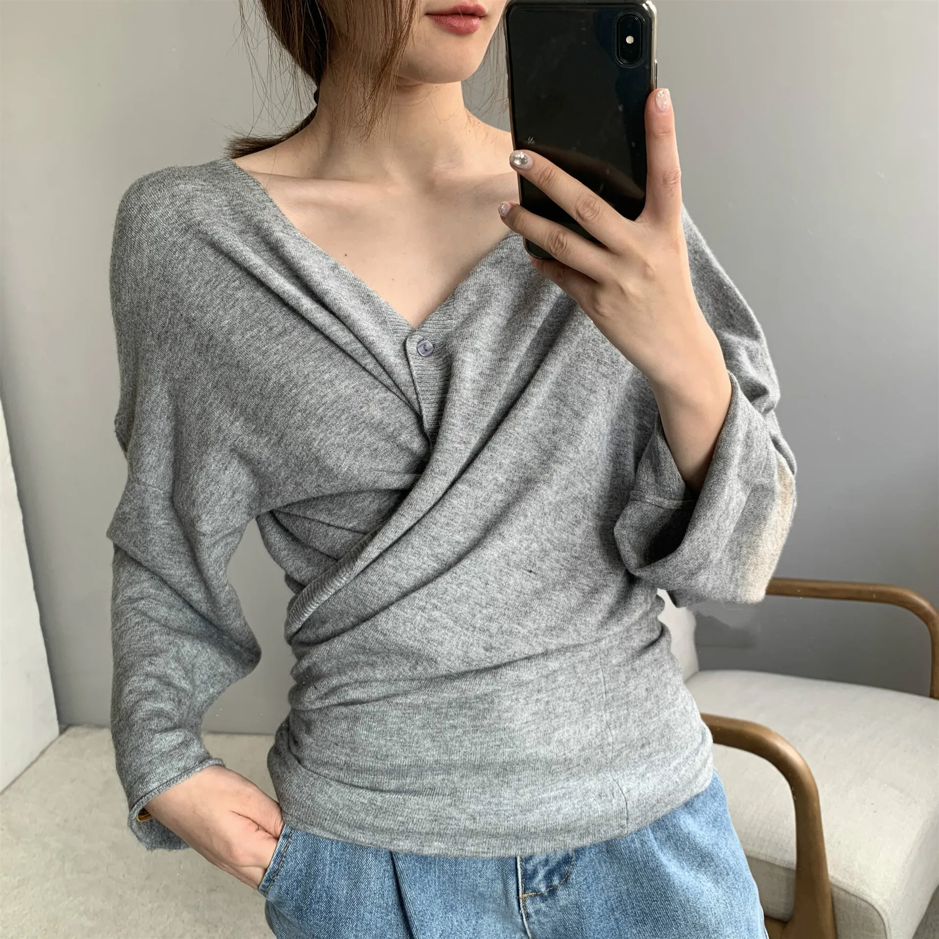 Весенний женский сексуальный трикотажный Свободный кардиган с квадратным