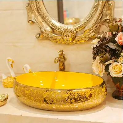 Роскошные золотые цветы овальная фарфоровая столешница раковина для