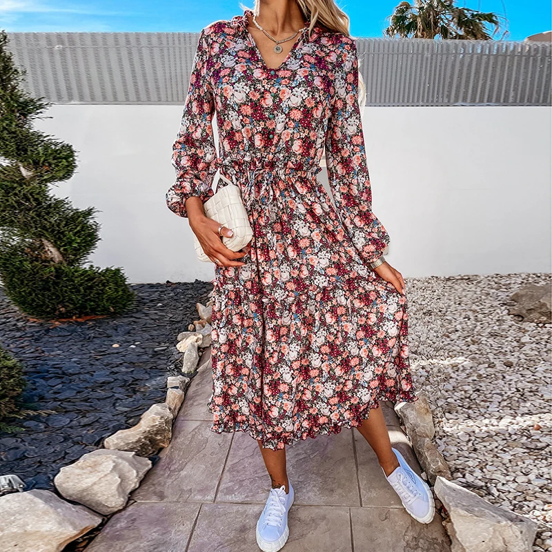 

Autumn Spring V Neck Long Floral Print Dress Women 2021 Casual Long Sleeve Split Dress Female Boho Elegant Maxi Party Vestidos