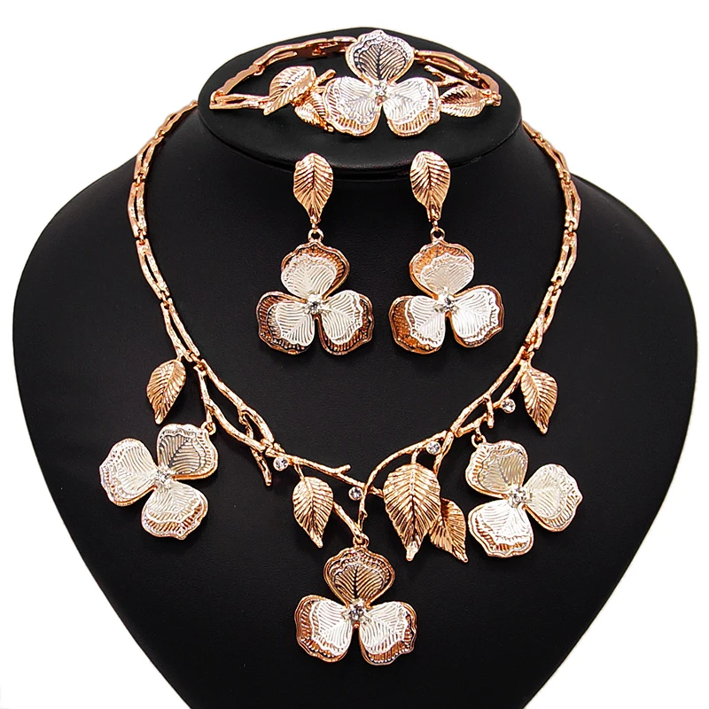

Yulaili New Dubai Jewelry Sets for Women Rose Gold Flower Shape Necklace Bracelet Earrings Ring Wedding Jewellery Free Shipping