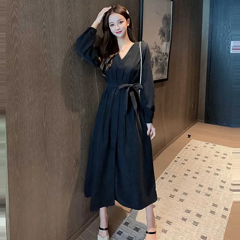 

Vintage Spring Autumn New Dresses 2021 Women'S Fashion Long Sleeve Slim V-Neck Korean Elegant One-Piece Single-Breasted Dress