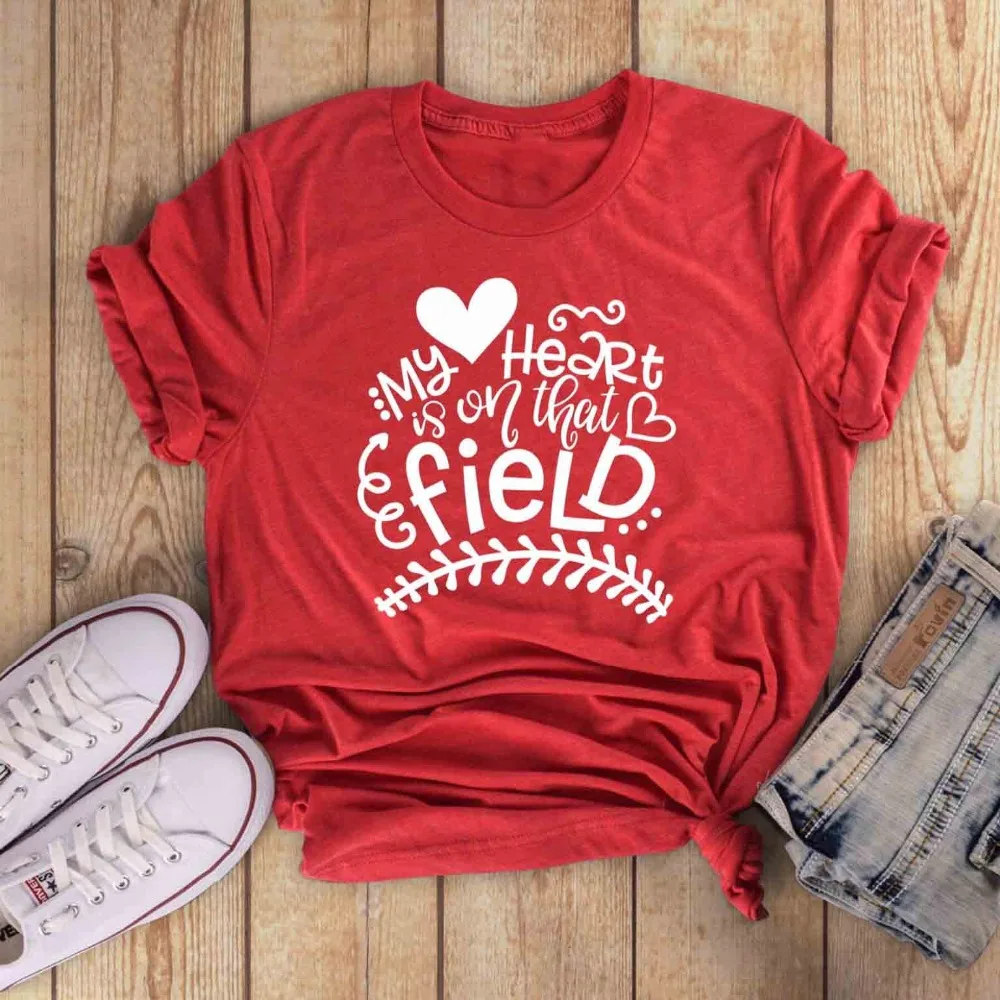 Camiseta con estampado de My Heart is on That Baseball mom, camisa divertida 100% de algodón con eslogan estético Tumblr, regalo para madre, Tops informales Grunge