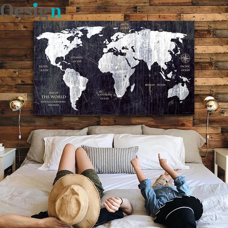 

Vintage HD WORLD MAP Canvas Painting Printing Poster Wall Pictures For Living Room Black Map Decorative Art Home decor