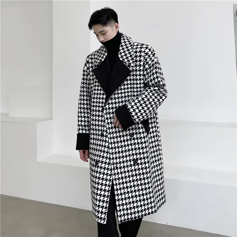 

Autumn Winter Male Streetwear Vintage Casual Trench Jacket Men Houndstooth Double Breasted Loose Plaid Woolen Trenchcoat