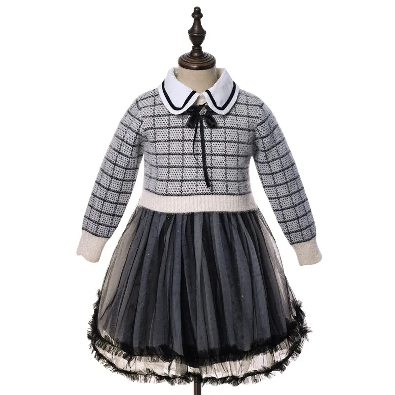

Autumn Winter Girls Plush Sweater Dress Fashion Plaid Loose Mesh Hem Ball Gowns Kid Child Princess Birthday Wedding Party Dresse