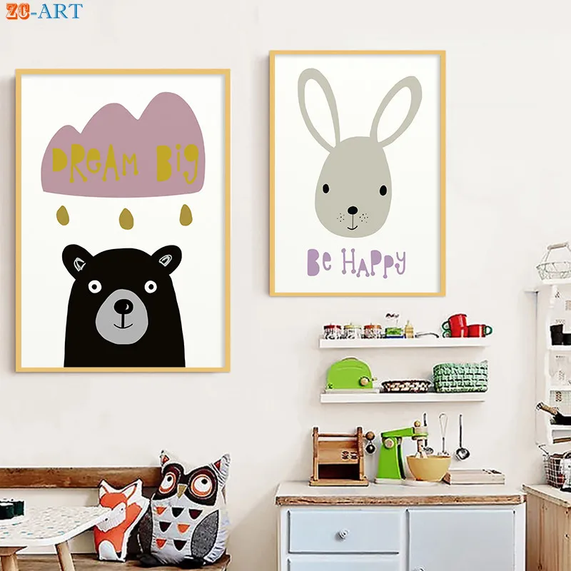 Детская Wall Art милые Животные принты Кролик Печать холст картины дети Спальня