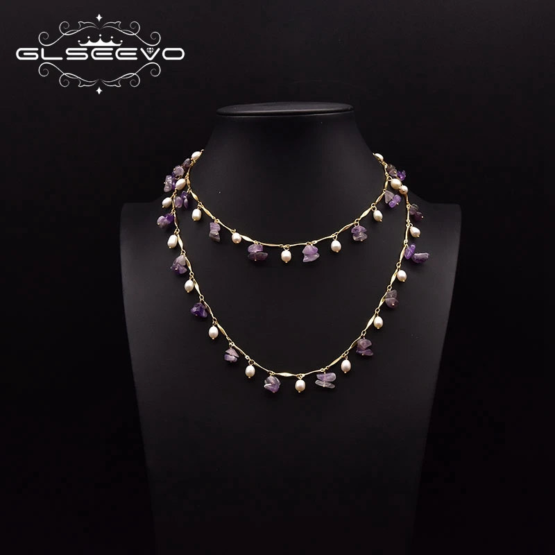 

GLSEEVO Original Natural Freshwater Pearl Necklace Woman Anniversary Double Amethyst Pendant Chain Romantic Jewelry GN0269