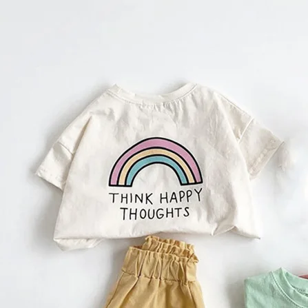 

Kids Summer Tops Korean Casual T Shirt Candy Color Boys Girls Cartoon Print Tee Short Sleeve Baby Rainbow Shirts Child Clothes
