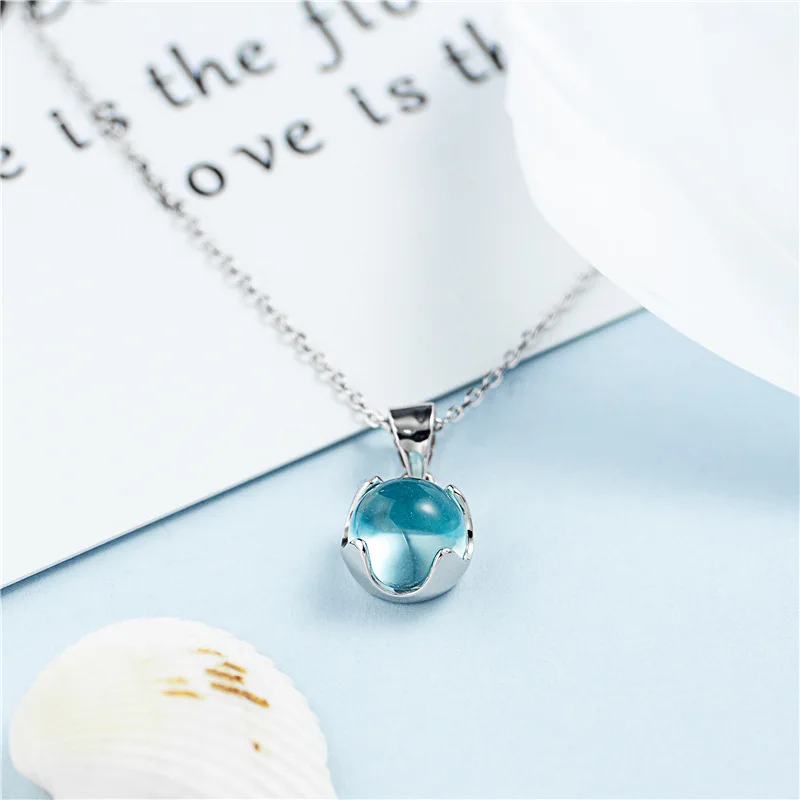 Ожерелье женское из серебра 100% пробы с голубым кристаллом | Украшения и