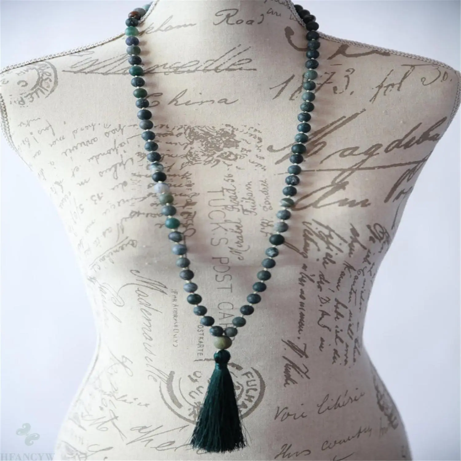 8 мм Агат цвета зеленого мха 108 бусин ручная работа кисточкой ожерелье Йога для