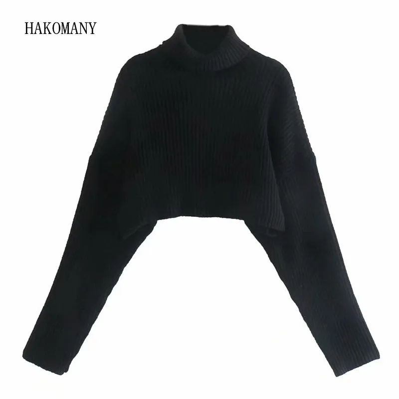 

2021 French High waist Pullover Knitwear Long Sleeve Cropped Jumper Vintage Solid Black Color Rib Knitted Turtleneck Sweater
