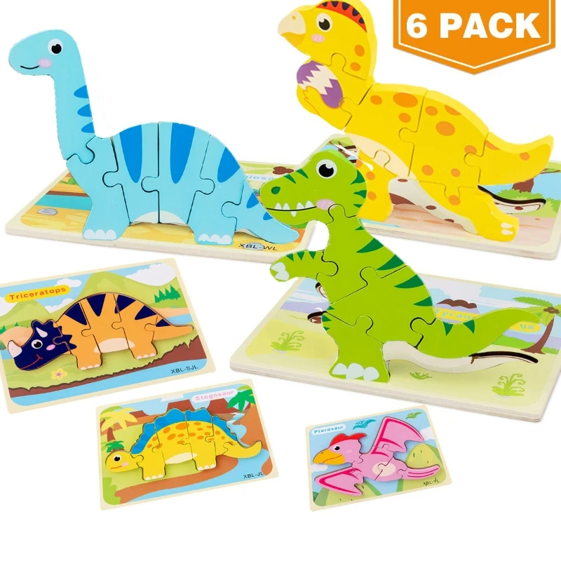 Фото Пазлы для малышей 6 упаковок деревянные пазлы с динозавром Детские От 2 до 4 лет