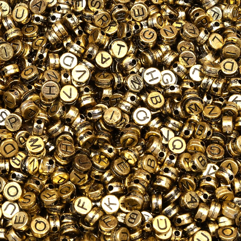 200 шт. акриловые бусины с золотыми буквами 7 мм|Бусины| |