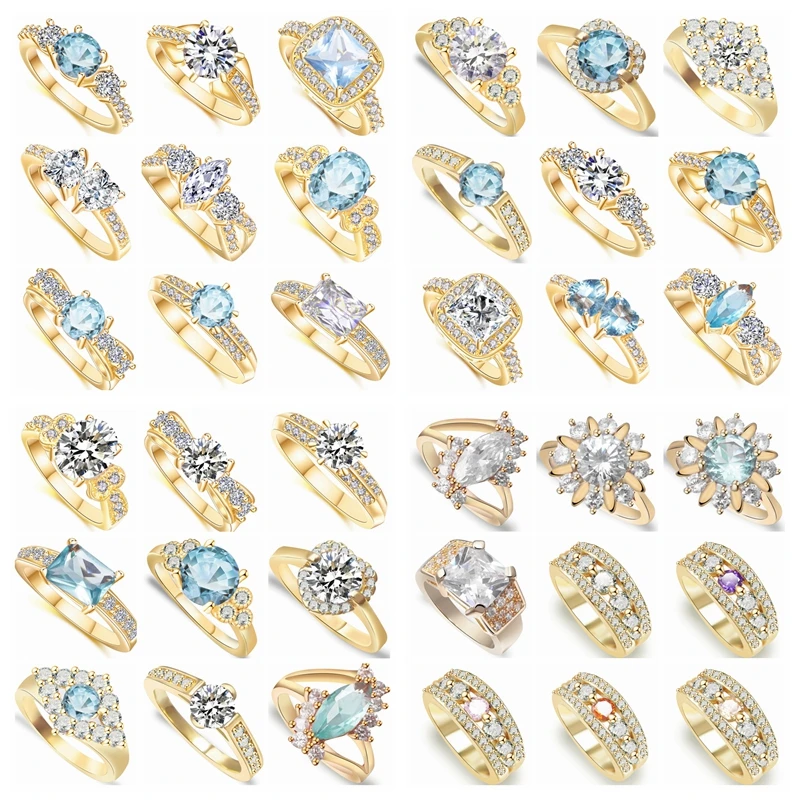 

10Pcs Jewelry Wholesale Champagne Gold Color Engagement Wedding Rings for Women White/Light Blue Zircon Elegant Ring