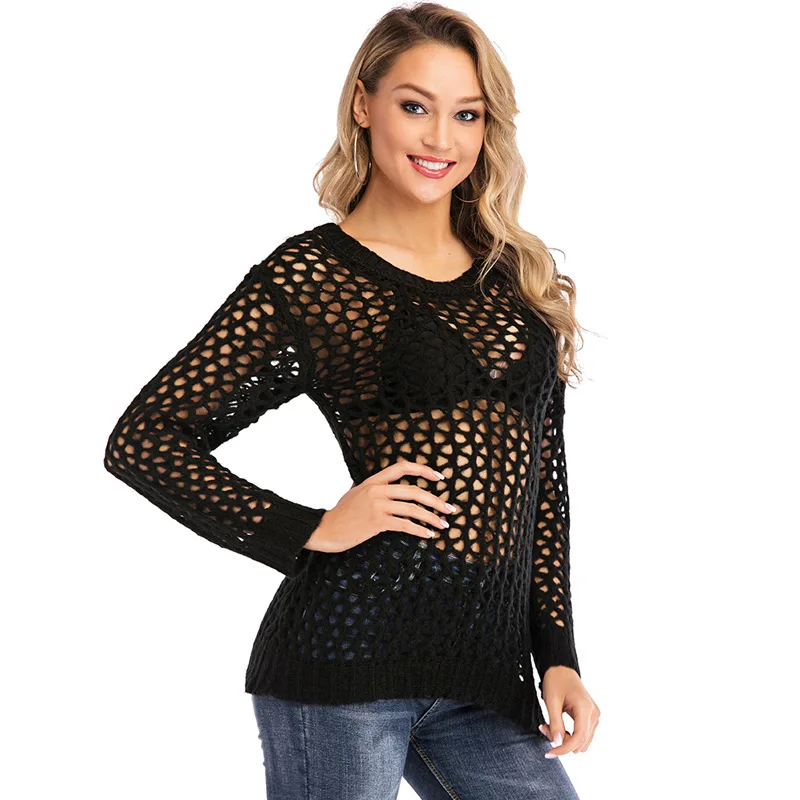 Женский прозрачный свитер сетчатые топы вязаные пуловеры с вырезами свитеры