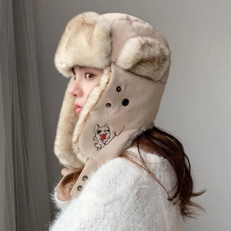 

2021 Winter Russian Hat Cute Cartoon Embroidery Women Thick Warm Bomber Hats Outdoor Windproof Earflap Ski Cap Removable Mask