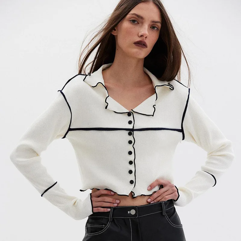 

Korean Casual Women Wear Sweater Knitted Fabric Short Coat Single-Breasted Solid Color For Fashion Daily Commuting Out Crop Tops