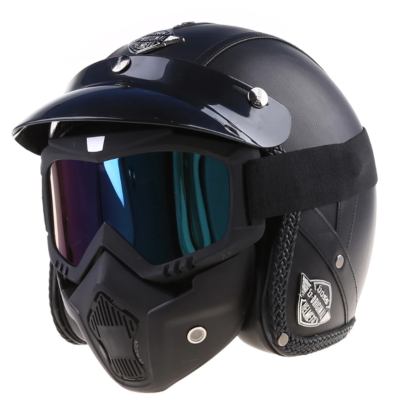 

PU Leather Helmets 3/4 Motorcycle Bike Helmet Open Face Vintage Motorcycle Helmet With Goggle Mask