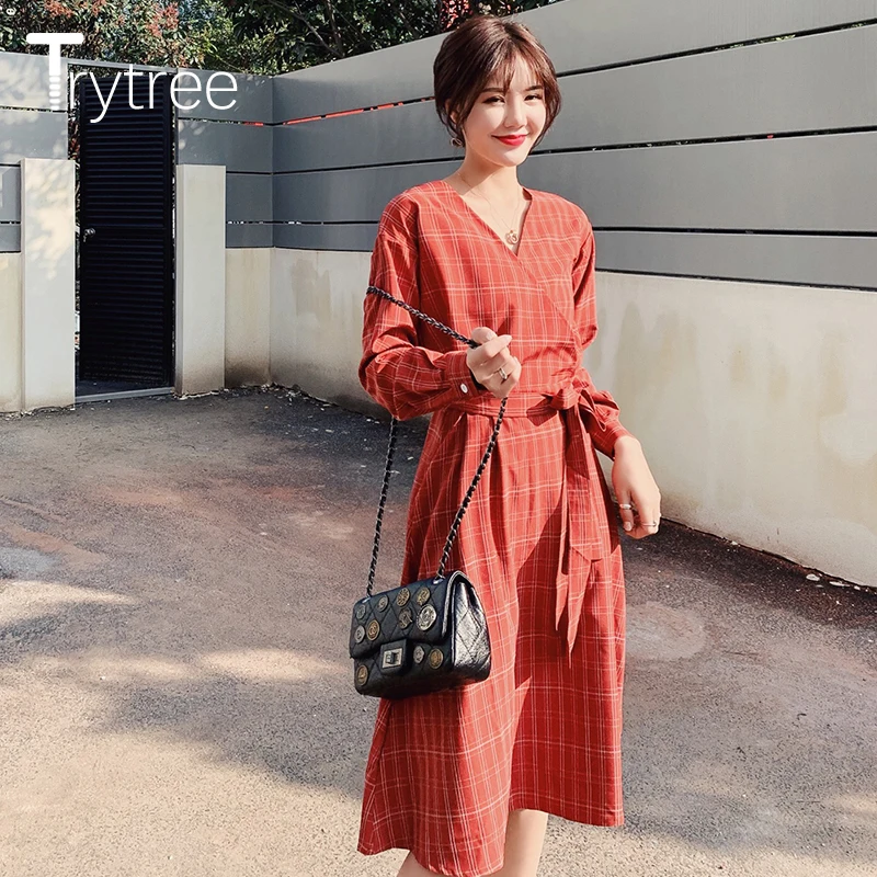 

Trytree 2020, весеннее женское платье, повседневное, v-образный вырез, в клетку, 2 цвета, расклешенного силуэта с поясом, модное, свободное, длиной д...