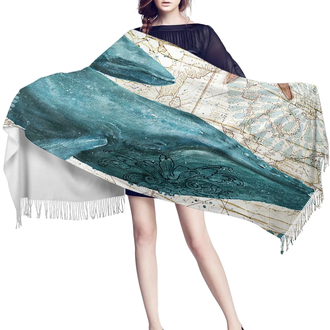 Женский зимний шарф китовый океанский пейзаж кашемировый Мужская шаль женское