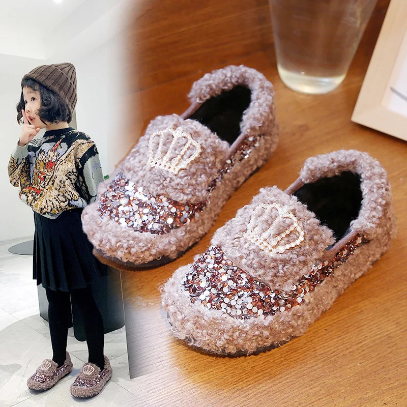 

Girls Fluffy Shoes Winter Crystal Crown Cotton-Padded Shoes lamb Wool Warm Bling Loafers Kids Fur Slip on Shoe Children Princess