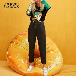 Женские джинсы с эластичным поясом ELFSACK, повседневные однотонные брюки-бойфренды в Корейском стиле, осень 2019